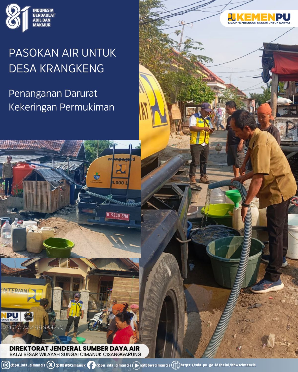 BBWS Cimanuk Cisanggarung Salurkan Bantuan Air Bersih bagi Warga Terdampak Kekeringan di Desa Krangkeng