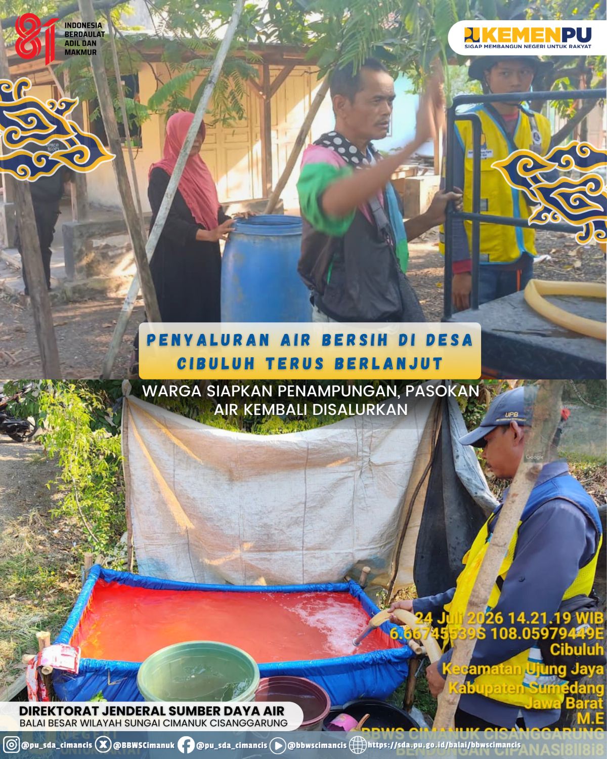 Distribusi Air Bersih dari Bendungan Cipanas Kembali Menjangkau Warga Terdampak Kekeringan di Desa Cibuluh