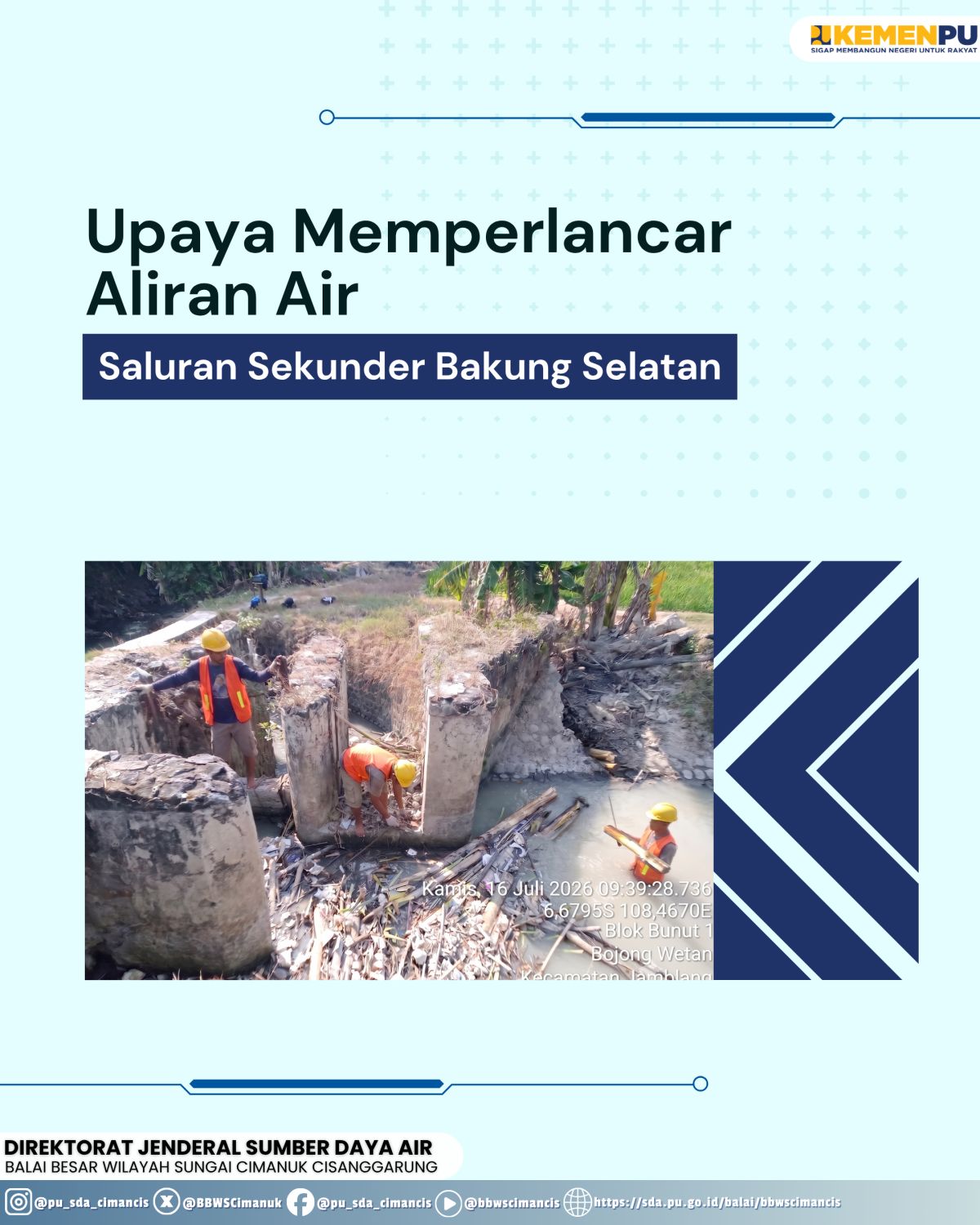 Pemeliharaan Saluran Bakung Selatan Dilakukan untuk Mengembalikan Kapasitas Aliran Irigasi