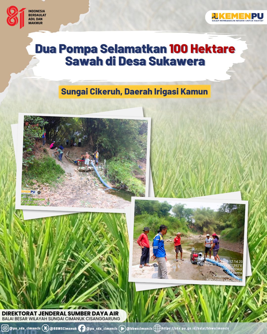 Dua Unit Pompa Dukung Pengairan 100 Hektare Sawah di Sukawera