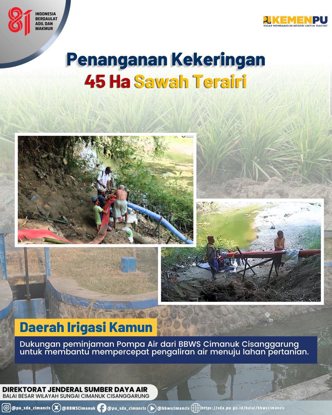 Pompanisasi Dukung Pengaliran Air ke 45 Hektare Sawah di Sukawera