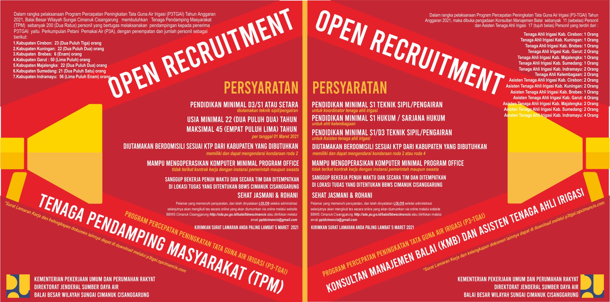 OPEN RECRUITMENT TENAGA PENDAMPING MASYARAKAT, KONSULTAN MANAJEMEN BALAI, DAN ASISTEN TENAGA AHLI IRIGASI
