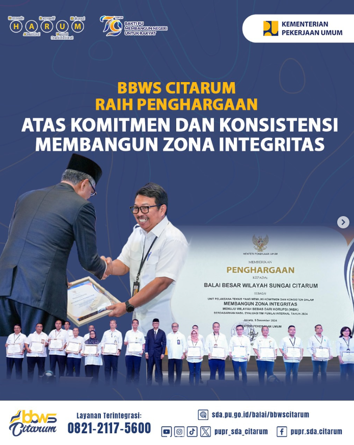 BBWS Citarum Raih Penghargaan Komitmen dan Konsistensi Pembangunan Zona Integritas