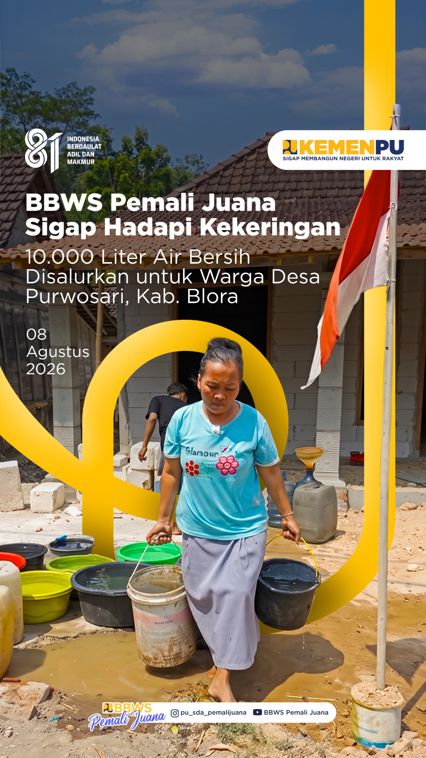 BBWS Pemali Juana SIgap Hadapi Kekeringan - 10.000 Liteer Air Bersih Disalurkan Untuk Warga Desa Purwosari Kab. Blora