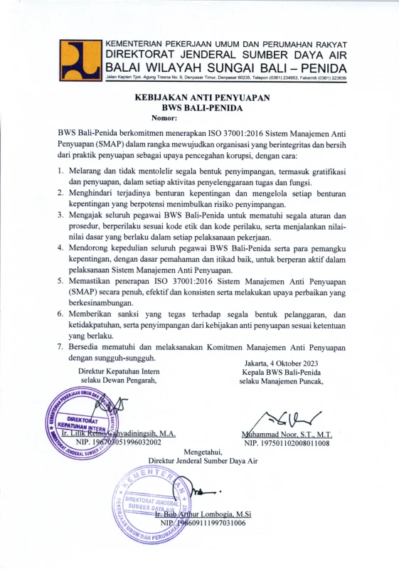 Kebijakan anti penyuapan - BWS Bali Penida
