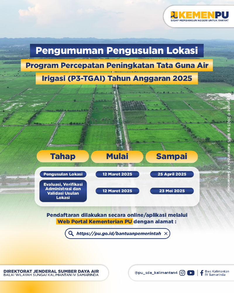 Pengumuman Pengusulan Lokasi Program Percepatan Peningkatan Tata Guna Air Irigasi (P3-TGAl) TA.2025