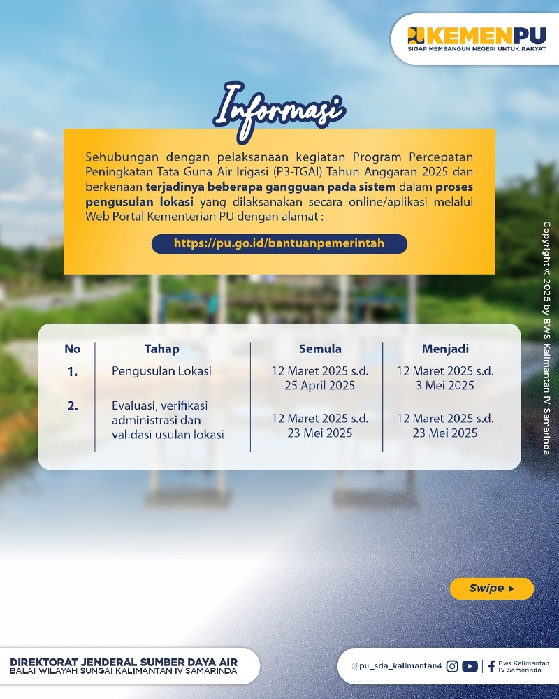 Pengumuman Perubahan Jadwal Pengusulan Lokasi Program Percepatan Peningkatan Tata Guna Air Irigasi (P3-TGAl) Tahun Anggaran 2025