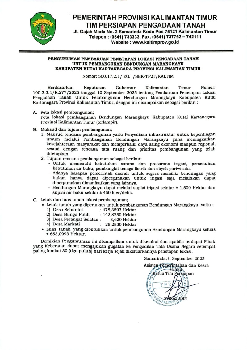 Surat Keputusan Penetapan Lokasi Pengadaan Tanah Bendungan Marangkayu