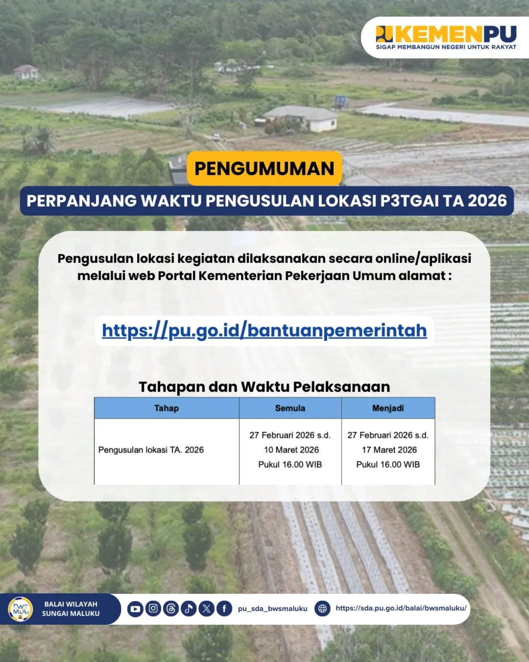 PERPANJANGAN WAKTU PENGUSULAN LOKASI P3TGAI TA 2026