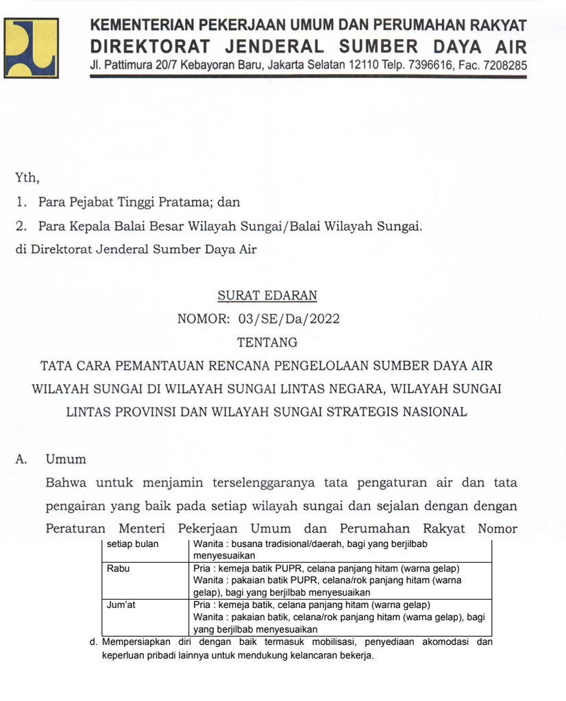 SE Dirjen SDA tentang Tata Cara Pemantauan RPSDA WS Kewenangan Pusat