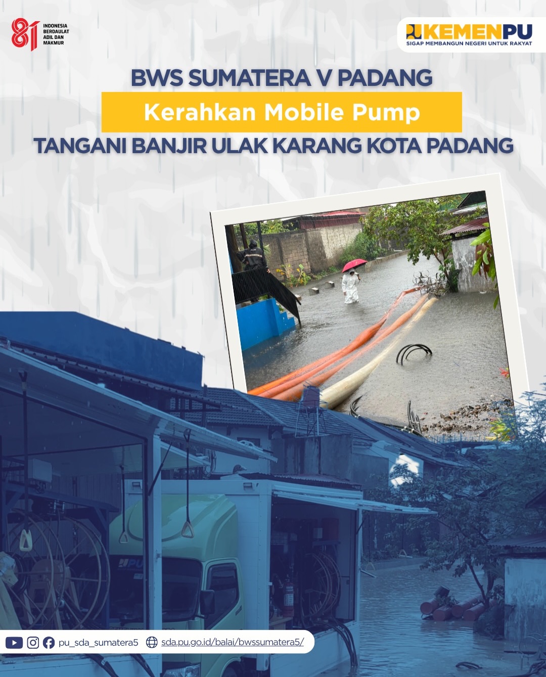 BWS Sumatera V Padang Kerahkan Mobile Pump untuk Tangani Banjir Ulak Karang Kota Padang